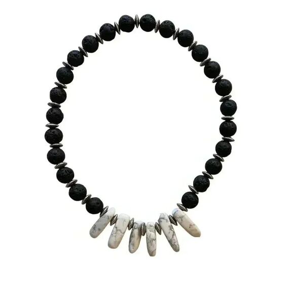 Handmade Lava and White Howlite Semi Precious Stone Necklace - Picture 1 of 6